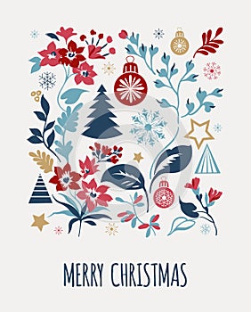 Merry Christmas greeting card. Hand drawn vector illustration. Winter theme greeting card.