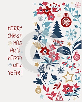 Merry Christmas greeting card. Hand drawn vector illustration. Winter theme greeting card.