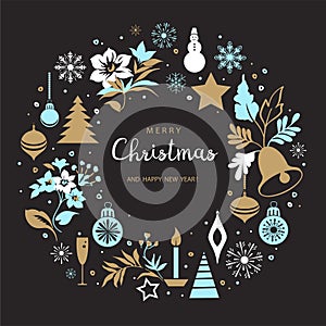 Merry Christmas greeting card. Hand drawn vector illustration. Winter theme greeting card.