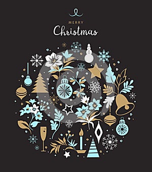 Merry Christmas greeting card. Hand drawn vector illustration. Winter theme greeting card.