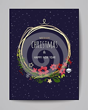 Merry Christmas greeting card. Hand drawn vector illustration. Winter theme greeting card.