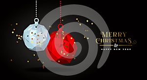 Merry christmas greeting card hanging bauble in low poly abstract 3d