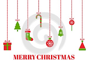 Merry Christmas greeting card with hanging christmas toys, tree, gift boxes, snowflakes, xmas balls, santa hat, bell