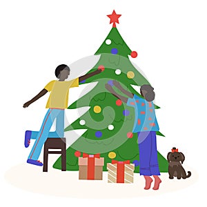 Merry Christmas greeting card. Happy African-American couple decorating the Christmas tree. Vector illustration for flyer, card