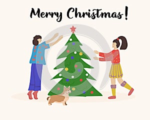 Merry Christmas greeting card. Happy girlfriends two girls decorating a Christmas tree. Vector illustration for flyer, postcard