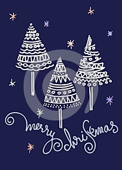 Merry Christmas greeting card, holiday illustration. Hand lettering, Christmas trees, snowflakes