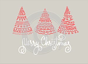 Merry Christmas greeting card, holiday illustration. Hand lettering, ornamental Christmas trees