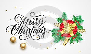 Merry Christmas greeting card of holy and fir tree wreath and gift in golden ribbon bow on snow white background. Vector calligrap