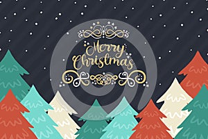 Merry Christmas pine tree forest cartoon card