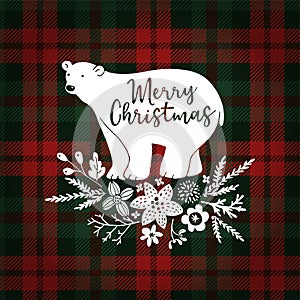 Merry Christmas greeting card, invitation. Hand drawn white polar bear with fir tree branches. Floral decoration with