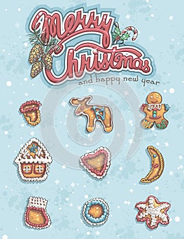 Merry Christmas greeting card with items