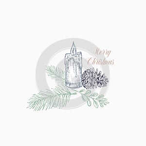 Merry Christmas Greeting Card or Label. Hand Drawn Holiday Illustrations. Christmas Tree Branch with Strobile and