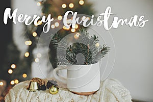 Merry Christmas greeting card. Merry Christmas text on cup with fir branches on cozy sweater and warm lights. Atmospheric hygge.