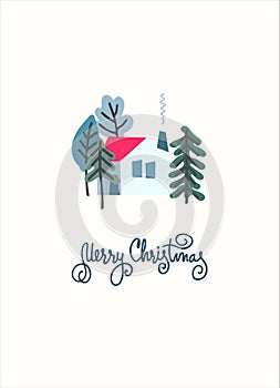 Merry Christmas greeting card. Minimalistic design with country house, stylized trees, snow
