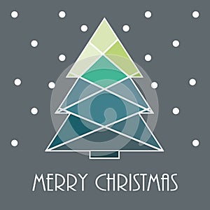 Merry christmas ! Greeting card. Modern christmas tree with multicolored blue grey tones geometric shapes.