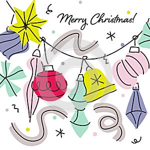 Merry Christmas greeting card with multicolored hand drawn garland of Christmas balls. Elegant vector illustration