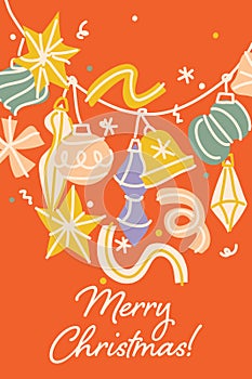 Merry Christmas greeting card with multicolored hand drawn garland of Christmas balls. Elegant vector illustration