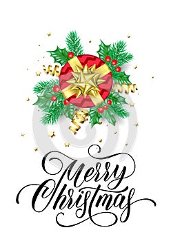 Merry Christmas greeting card of New Year gift and golden decoration ribbon bow on glittering confetti white background. Vector Ch
