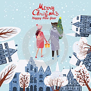 Merry Christmas Greeting Card old city Europe buildings, Couple in Love with christmas tree. Lettering Vector poster