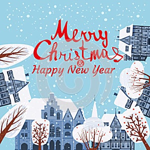 Merry Christmas Greeting Card old city Europe buildings. Lettering Vector poster banner illustration cozy old town