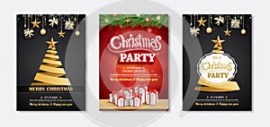Merry christmas greeting card and party invitations on black background. Vector illustration element for happy new year flyer bro