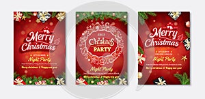 Merry christmas greeting card and party invitations on red background. Vector illustration for happy new year flyer brochure