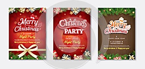 Merry christmas greeting card and party invitations on red background. Vector illustration for happy new year flyer brochure