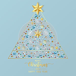 Merry Christmas greeting card, postcard, Poster with red, gold and green balls, shiny ribbon andsnow flake on light blue