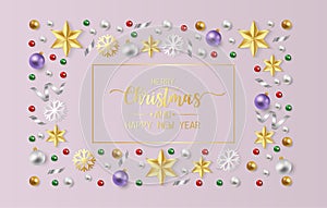 Merry Christmas greeting card, postcard, Poster with red, gold and green balls, shiny ribbon andsnow flake on purple background.