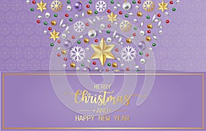 Merry Christmas greeting card, postcard, Poster with red, gold and green balls, shiny ribbon andsnow flake on purple background.