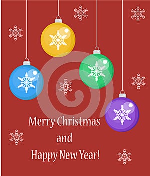 Merry Christmas greeting card or poster, flyer, flat style. New Year template for your design. Vector illustration.