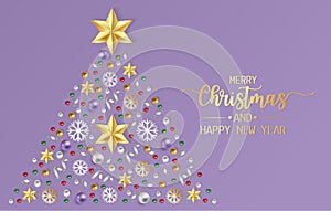 Merry Christmas greeting card, Poster with red, gold and green balls, shiny ribbon andsnow flake on purple background.