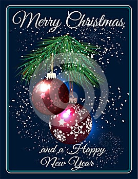 Merry Christmas greeting card with red bolls and branch of fir