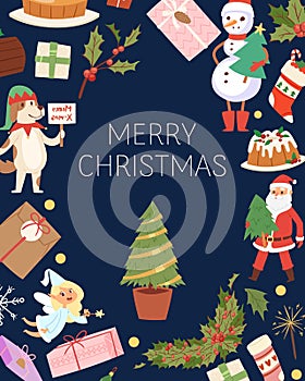 Merry Christmas greeting card with santa claus with presents, snowman. elf and cake, fir tree winter holidays cartoon