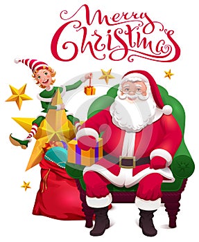 Merry christmas greeting card. Santa Claus is sitting in chair, assistant elf and an open bag with gifts