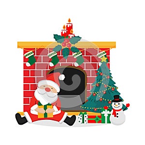 Merry Christmas greeting card with Santa Claus, snowman, fireplace and tree.