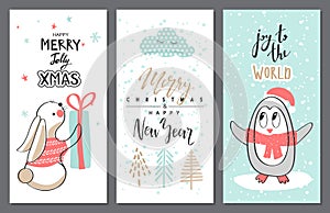Merry Christmas greeting card set with cute animals. Vector illustration.