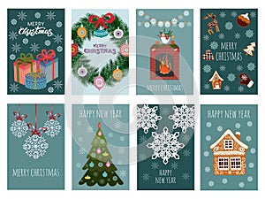 Merry Christmas greeting card set with cute Christmas tree, gifts, snowflakes and gingerbread. Vector