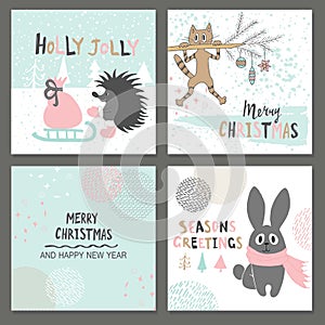 Merry Christmas greeting card set with cute hedgehog, cat, rabbit and other elements