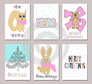 Merry Christmas greeting card set with cute squirrel, bear, tree, rabbit and other elements. Cute Hand drawn holiday cards and