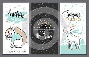 Merry Christmas greeting card set with cute squirrel and deer. Vector illustration.