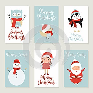 Merry Christmas greeting card set with cute xmas characters