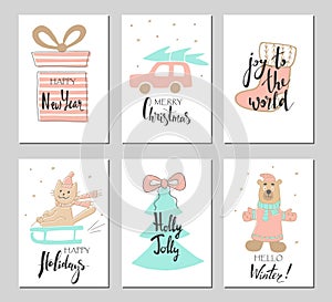 Merry Christmas greeting card set with cute xmas tree, bear, cat on a sleigh, socks, car and gift.