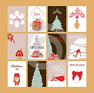 Merry Christmas greeting card set with cute xmas tree, snowflake