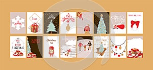 Merry Christmas greeting card set with cute xmas tree, snowflake, kid, nutcracker