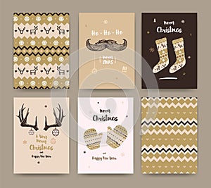 Merry Christmas greeting card set with socks, winter gloves, mus