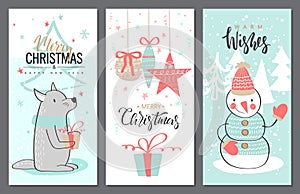 Merry Christmas greeting card set wolf, snowman, balls and gift. Vector illustration.