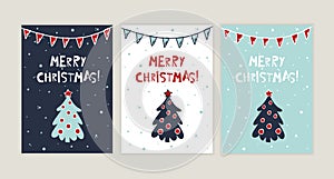 Merry Christmas greeting card set. Xmas pine tree and garland vector illustration