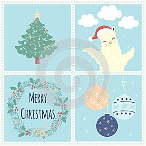 Merry Christmas greeting card set with xmas tree, cute llama or alpaca. Vector illustration.