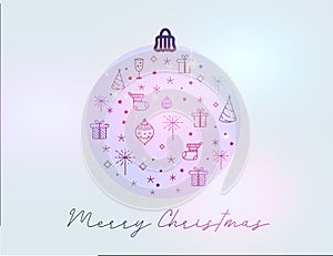 Merry Christmas greeting card in shape of ball with line art icons on gradient background. Winter xmas postcard in